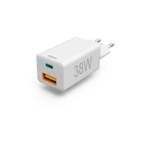 Adapter Hama Chargeur rapide, 1x USB-C PD, 1x USB-A QC, mini-chargeur, 38 W, blanc